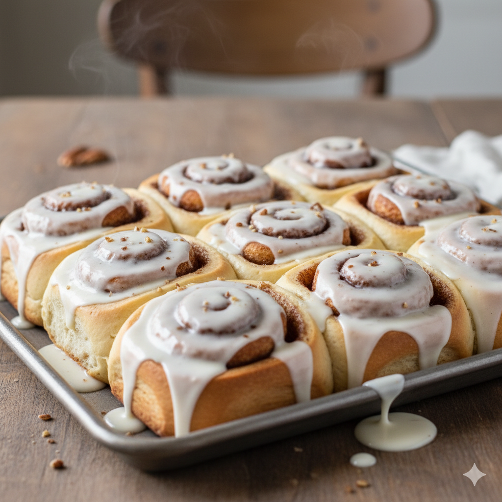 Freshly baked cinnamon buns topped with creamy icing and a sprinkle of Ceylon cinnamon