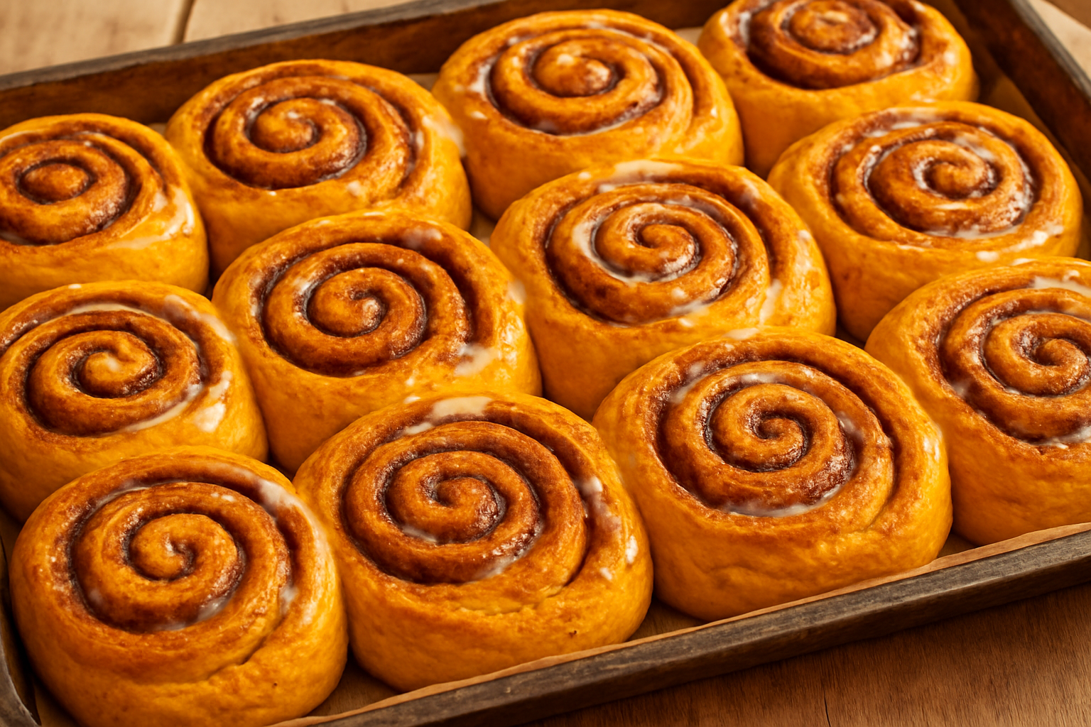 Freshly baked pumpkin cinnamon rolls with cream cheese glaze