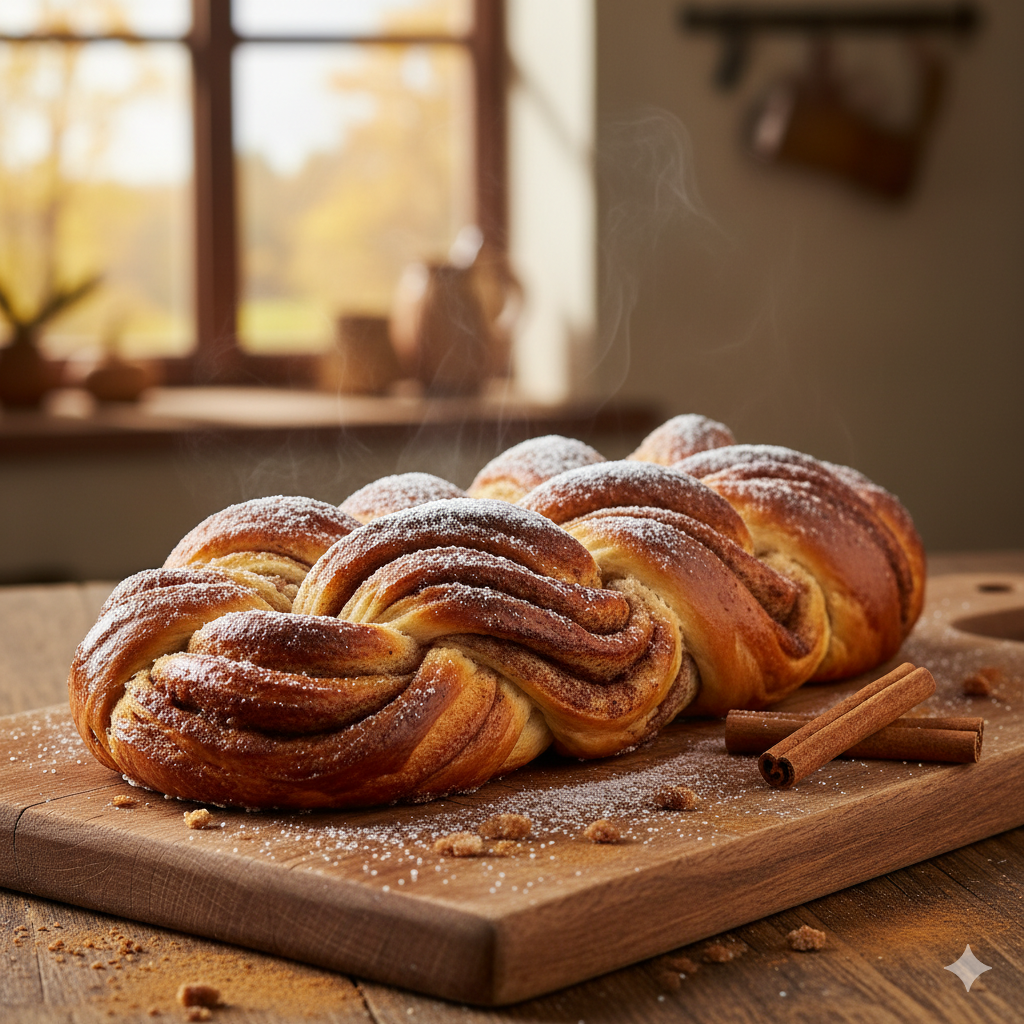 Freshly baked Czech cinnamon braid sprinkled with sugar and Ceylon cinnamon